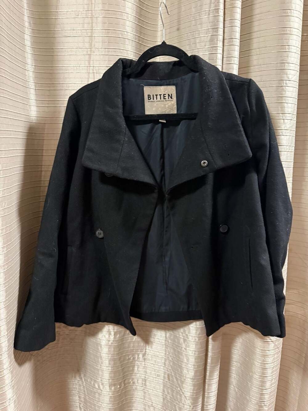 Bitten by Sarah Jessica Parker Black Double Breasted Asymmetric Crop Pea Coat Ja
